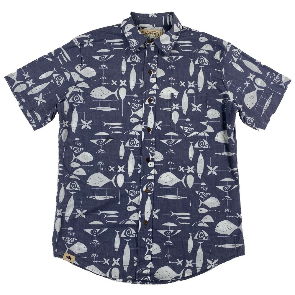 Western Aloha Fish AOP Button Up Short Sleeve Shirt Men's Medium Blue